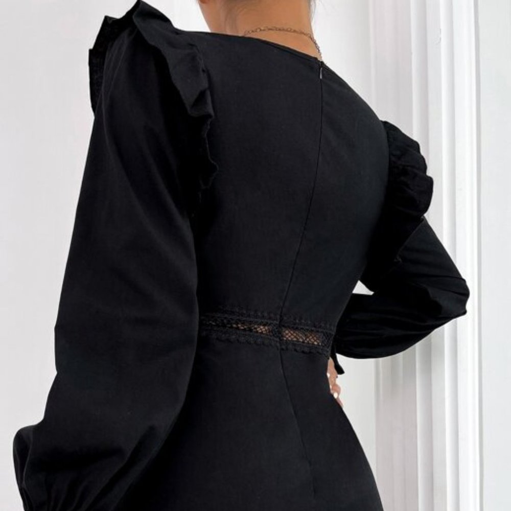 Plunging Neck Lace Ruffle Long Sleeve Mini Dress Black - Picture 11 of 12